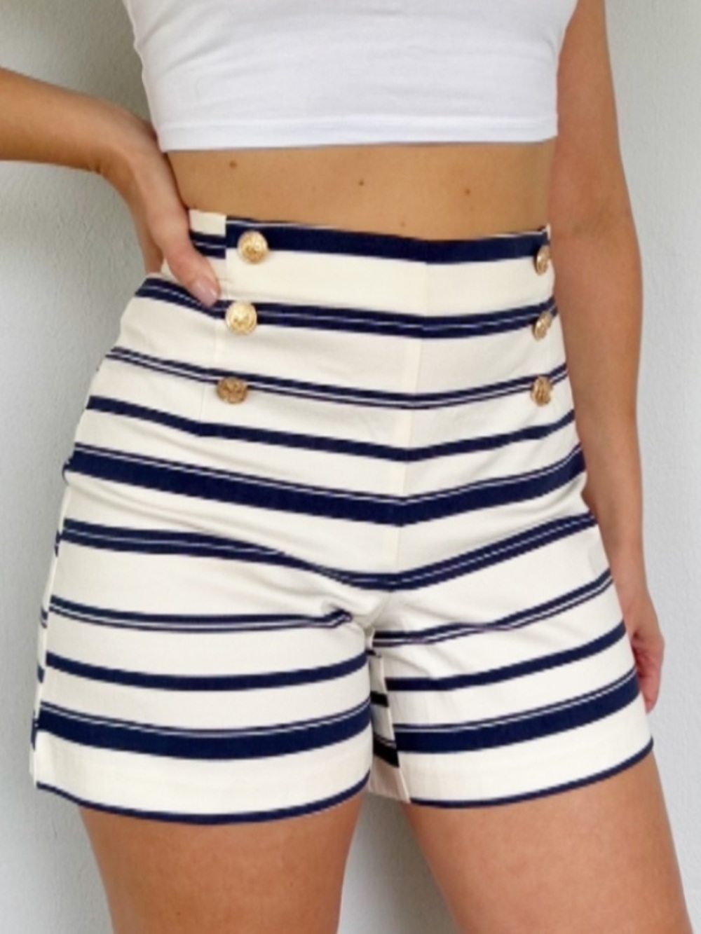 Jules & Leopold blue white stripe sailor button high rise stretch shorts size XS